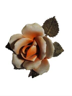 VINTAGE Capodimonte Porcelain Rose on Gold Tone Metal Leaves Figurine from Italy
